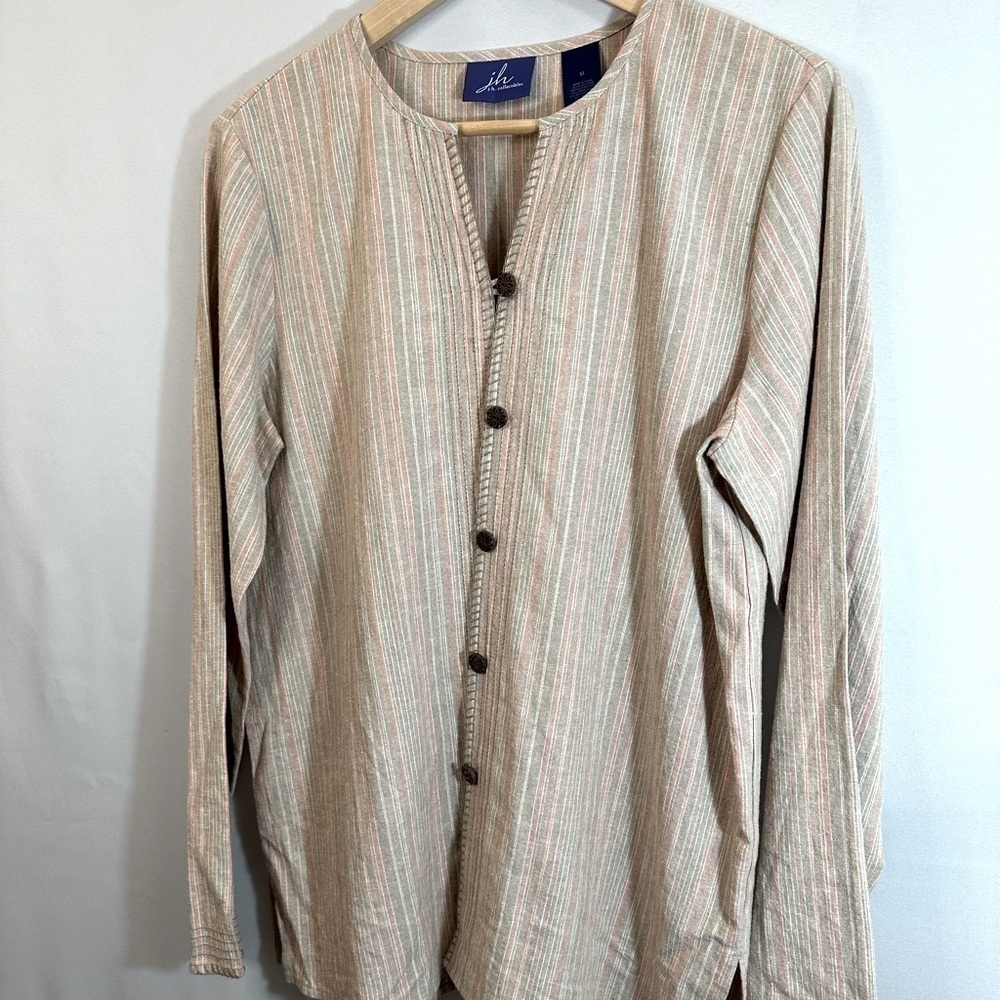 Jh Collectibles Women Blouse M Lagenlook Linen Blend Striped Wood Buttons Sleeve
